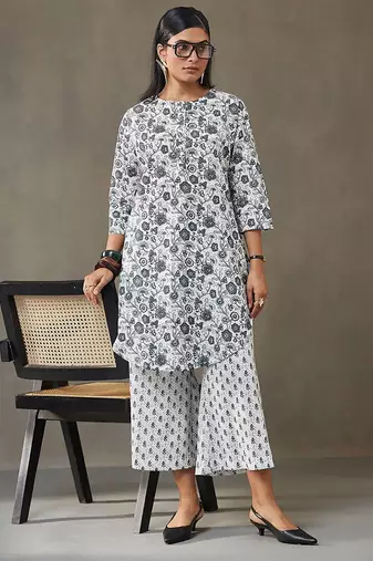 women floral printed cotton work tailored-fit kurti with palazzos