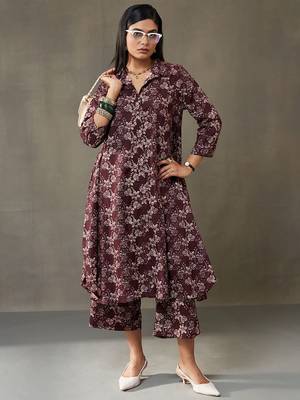 women floral printed cotton button-down smart office kurta with trousers 1