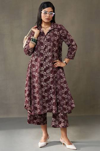 women floral printed cotton button-down smart office kurta with trousers