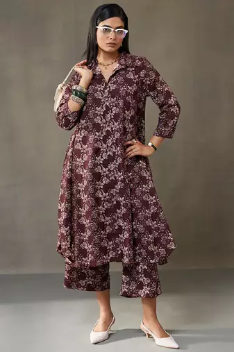 women floral printed cotton button-down smart office kurta with trousers