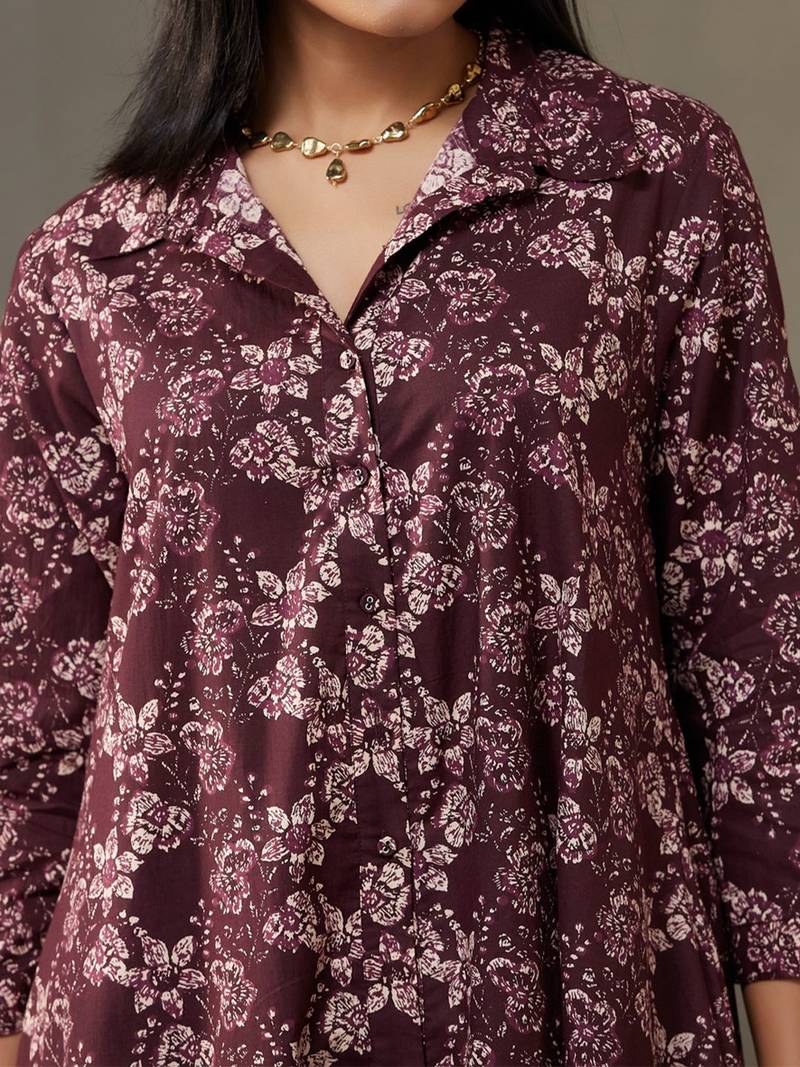 women floral printed cotton button-down smart office kurta with trousers