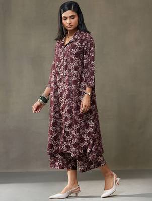 women floral printed cotton button-down smart office kurta with trousers 3