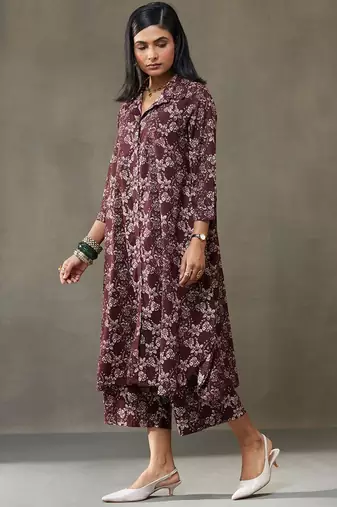 women floral printed cotton button-down smart office kurta with trousers