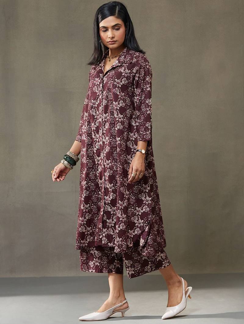 women floral printed cotton button-down smart office kurta with trousers