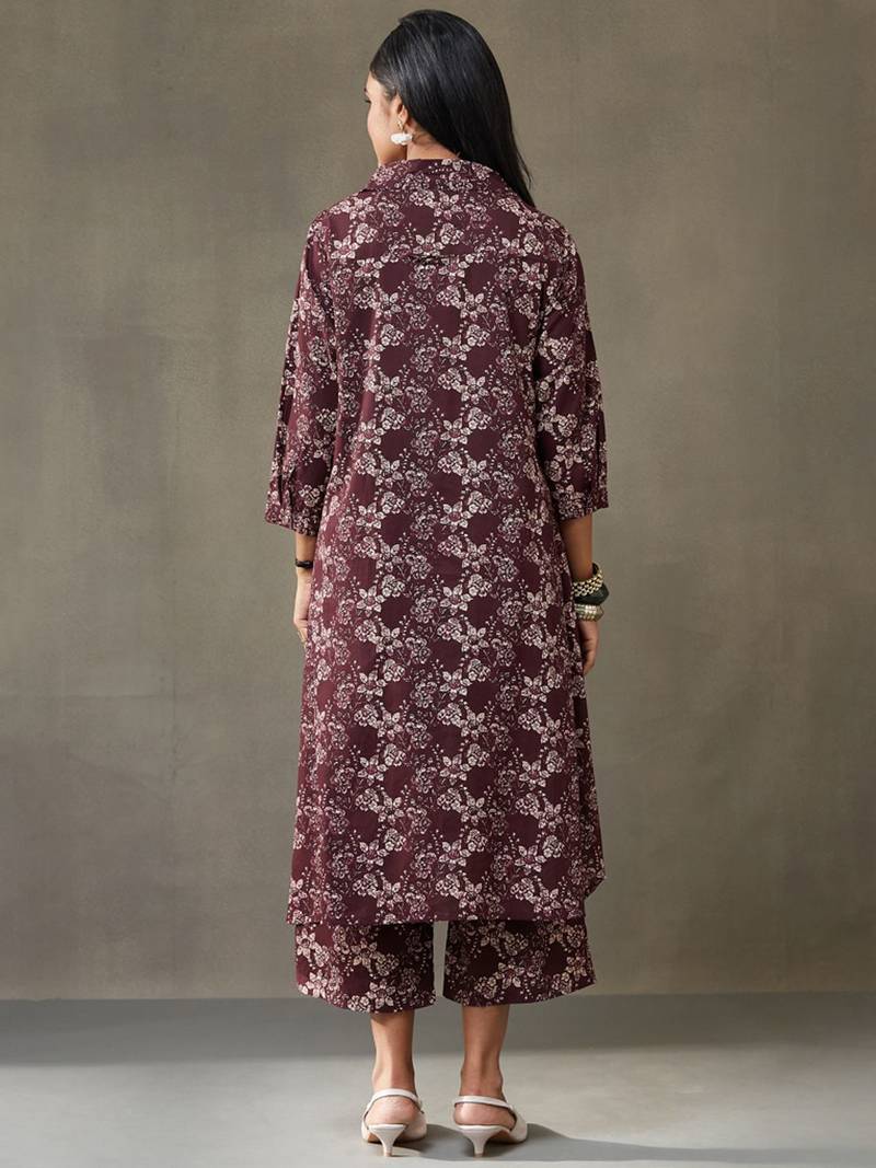 women floral printed cotton button-down smart office kurta with trousers
