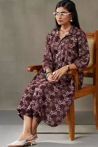 women floral printed cotton button-down smart office kurta with trousers