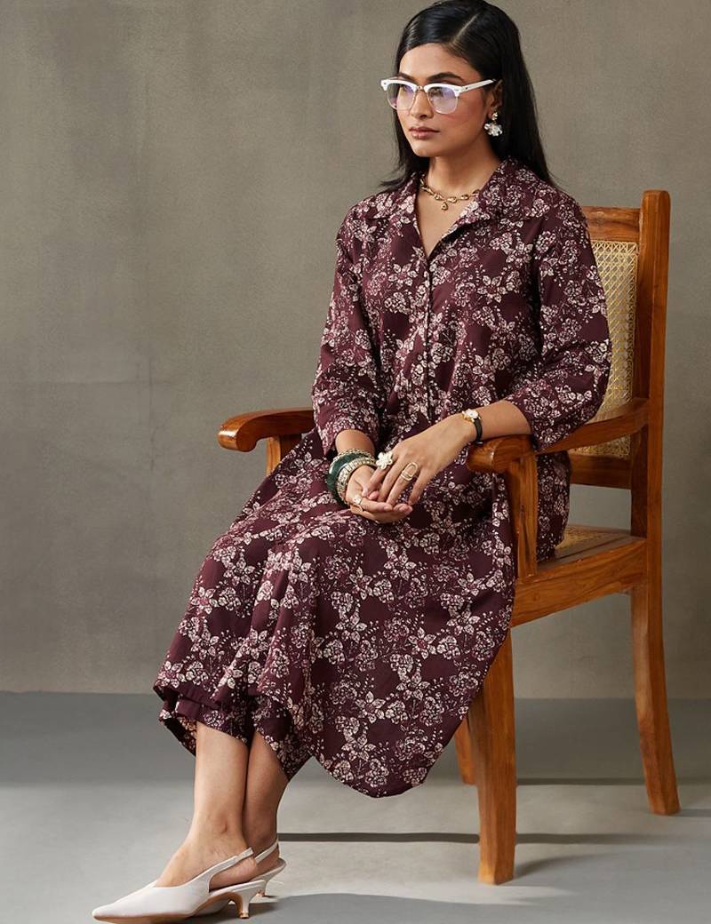 women floral printed cotton button-down smart office kurta with trousers