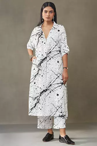 women printed smart office kurta with trousers