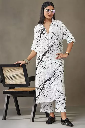 women printed smart office kurta with trousers