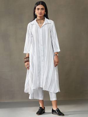 women cotton button-down smart office kurta with trousers 1