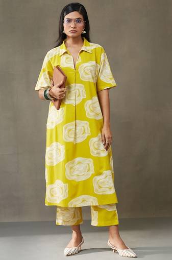 women printed cotton smart office kurta with trousers