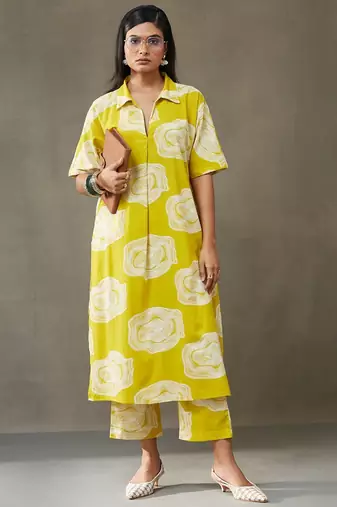women printed cotton smart office kurta with trousers