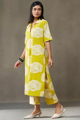 women printed cotton smart office kurta with trousers