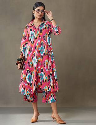women printed cotton smart office kurta with trousers 1