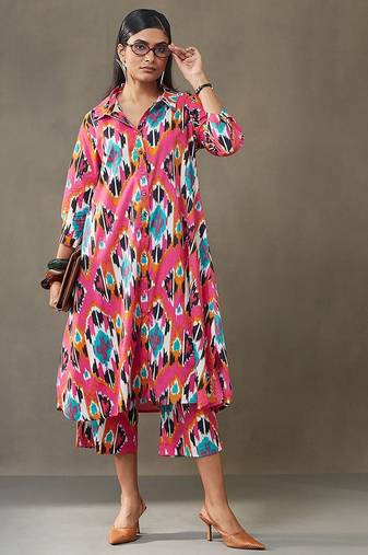 women printed cotton smart office kurta with trousers