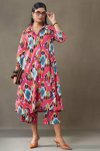 women printed cotton smart office kurta with trousers