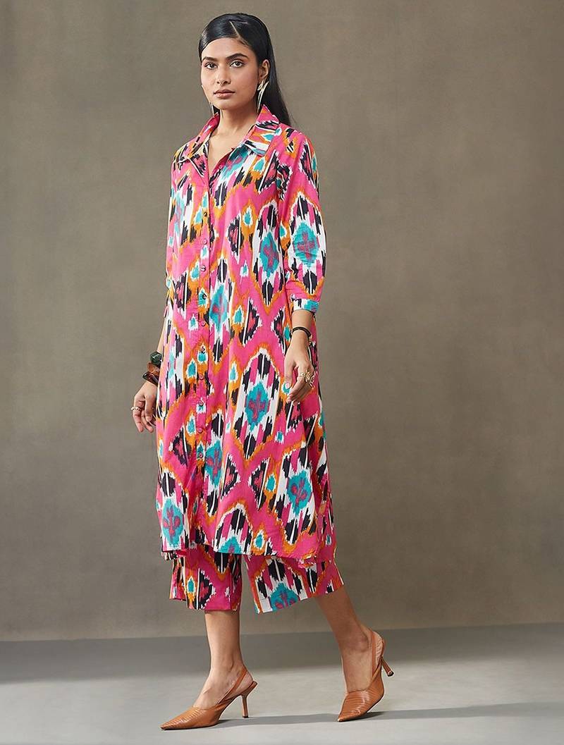 women printed cotton smart office kurta with trousers