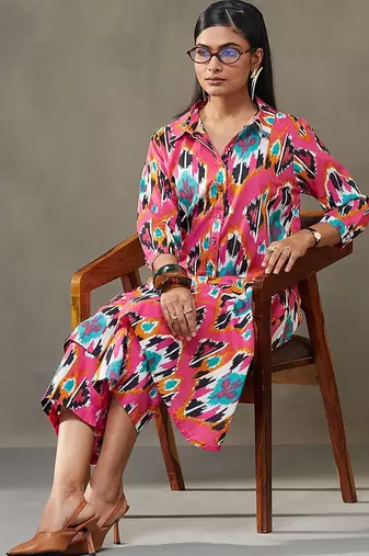women printed cotton smart office kurta with trousers