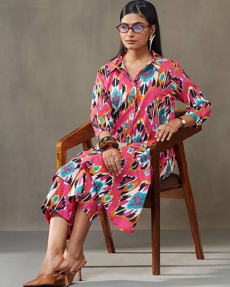 women printed cotton smart office kurta with trousers