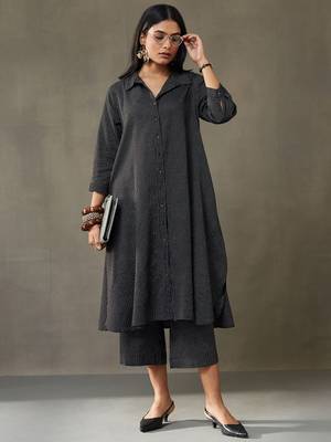 women cotton button-down smart office kurta with trousers 1