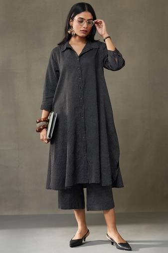 women cotton button-down smart office kurta with trousers