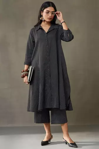 women cotton button-down smart office kurta with trousers