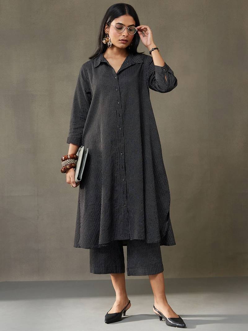 women cotton button-down smart office kurta with trousers