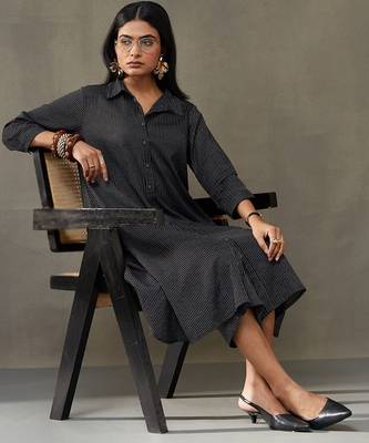 women cotton button-down smart office kurta with trousers 5