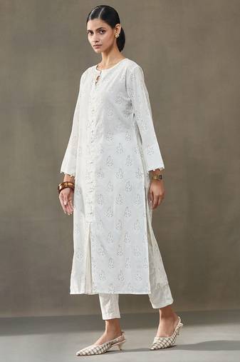 women ethnic motifs printed cotton smart office kurta with trousers