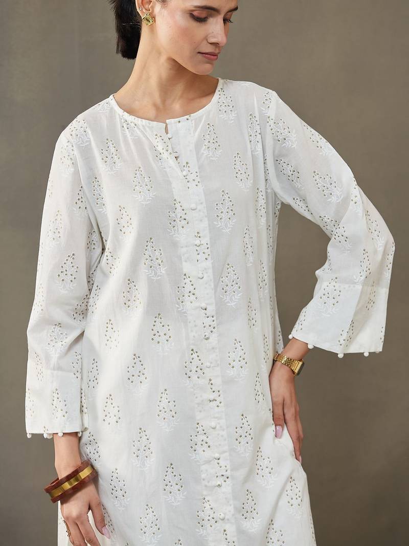 women ethnic motifs printed cotton smart office kurta with trousers