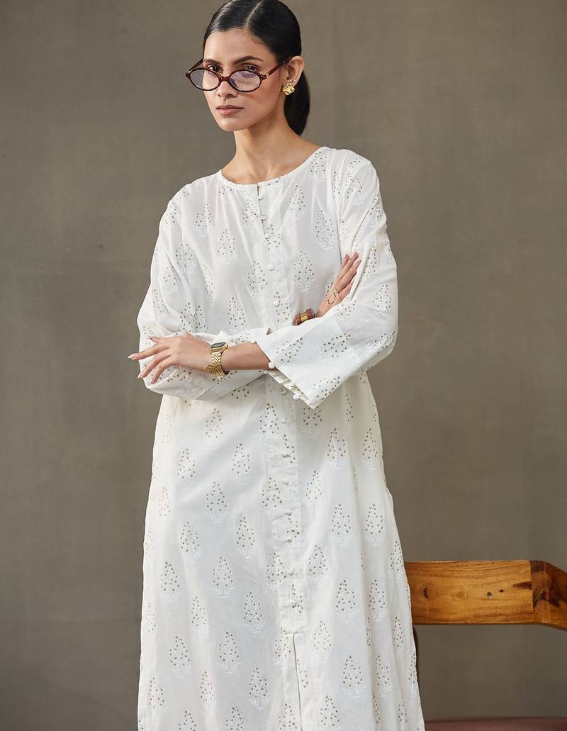women ethnic motifs printed cotton smart office kurta with trousers