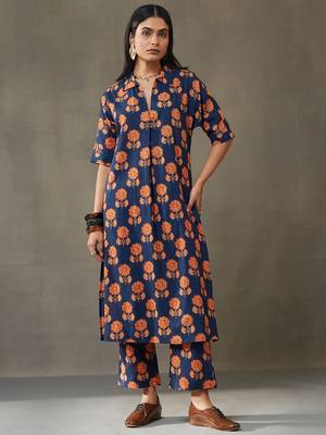 women floral printed cotton smart office kurta with trousers 1
