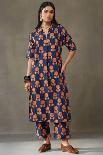 women floral printed cotton smart office kurta with trousers