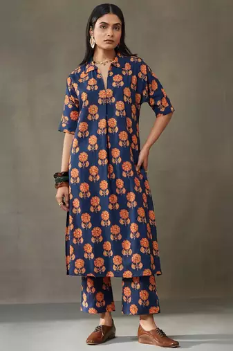 women floral printed cotton smart office kurta with trousers