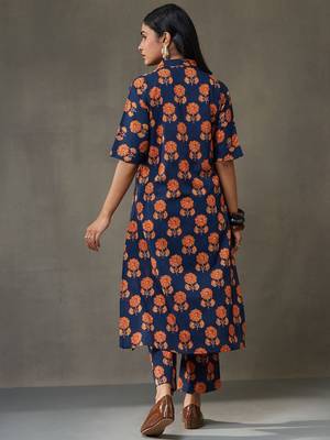 women floral printed cotton smart office kurta with trousers 4