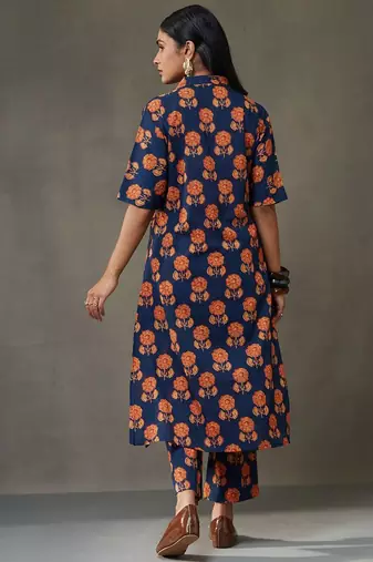 women floral printed cotton smart office kurta with trousers