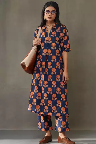 women floral printed cotton smart office kurta with trousers