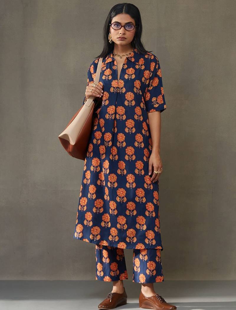 women floral printed cotton smart office kurta with trousers