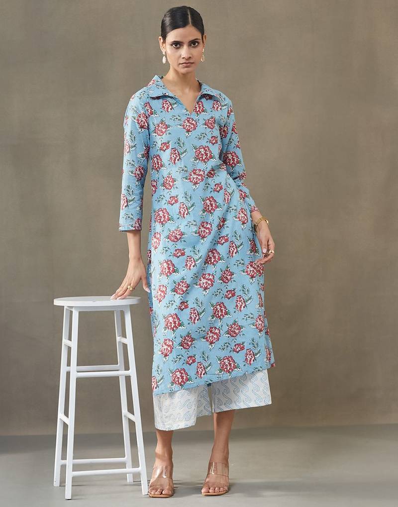 women floral printed cotton structured work kurta with palazzos
