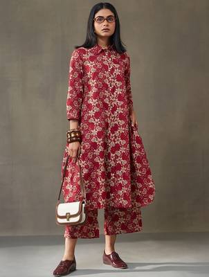 women floral printed cotton button-down smart office kurta with trousers 1