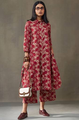 women floral printed cotton button-down smart office kurta with trousers