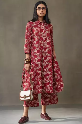 women floral printed cotton button-down smart office kurta with trousers