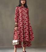 women floral printed cotton button-down smart office kurta with trousers