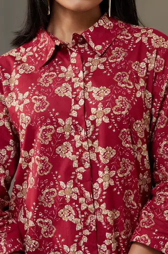 women floral printed cotton button-down smart office kurta with trousers