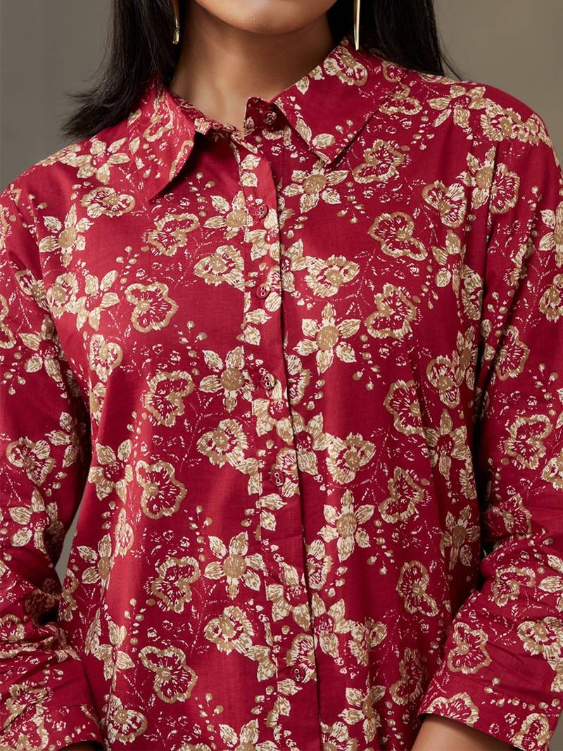 women floral printed cotton button-down smart office kurta with trousers
