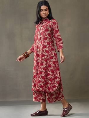 women floral printed cotton button-down smart office kurta with trousers 3