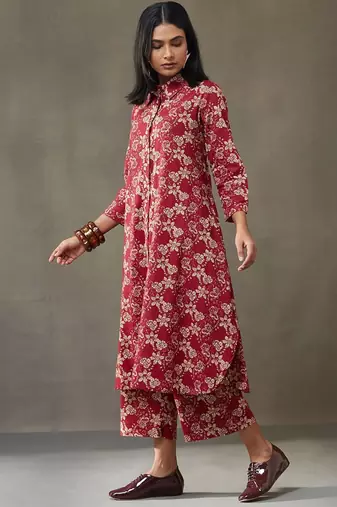 women floral printed cotton button-down smart office kurta with trousers