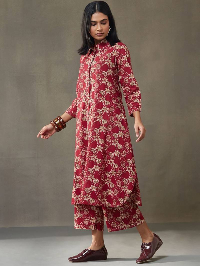 women floral printed cotton button-down smart office kurta with trousers