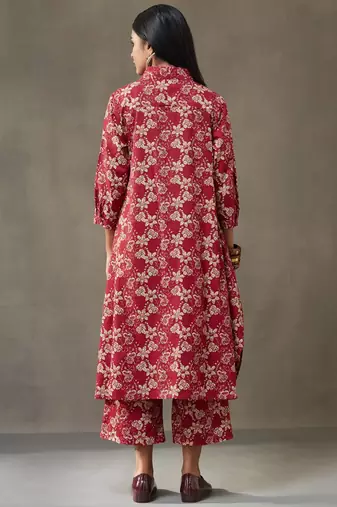 women floral printed cotton button-down smart office kurta with trousers