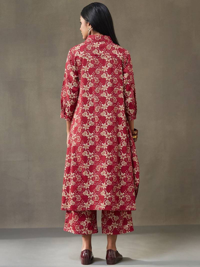 women floral printed cotton button-down smart office kurta with trousers